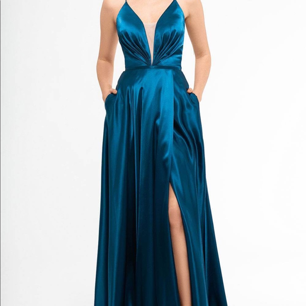 Betsy & Adam Ava Long Charmeuse V-neck Dress